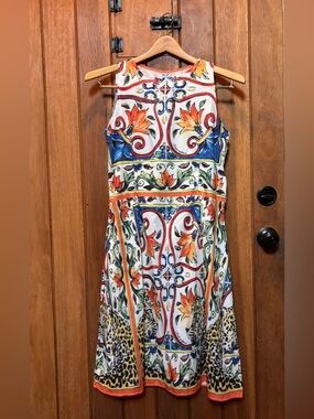 Sleeveless Floral Tile-Print Dress in White with Multicolor Accents
